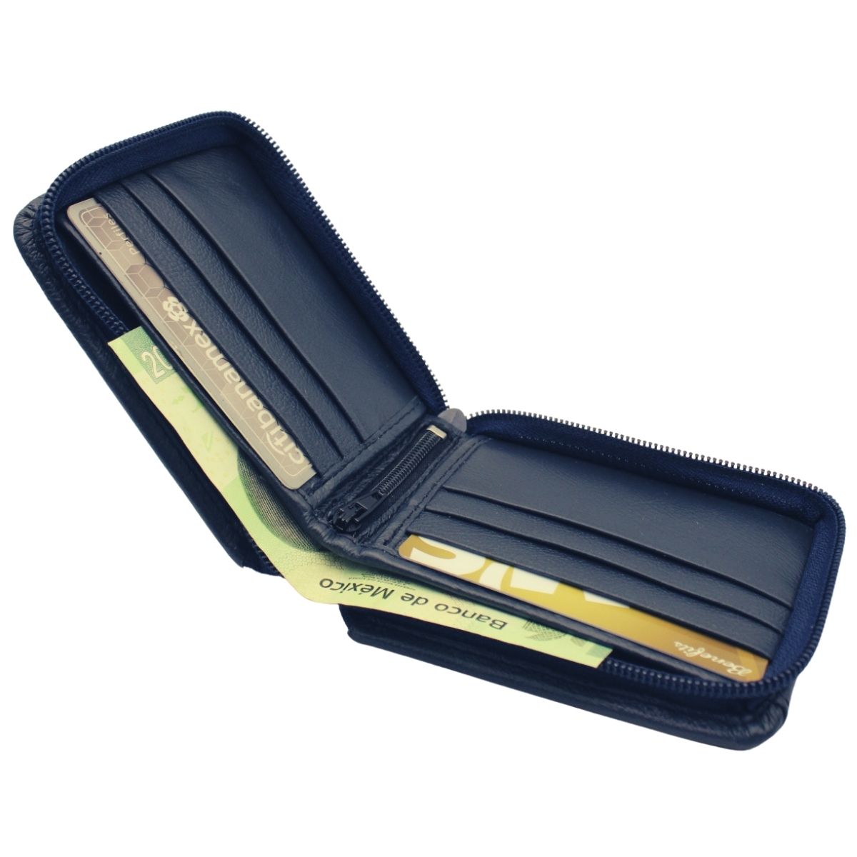 Cartera Hombre Piel Genuina Cierre Seguro Monedas Interiores en Tela