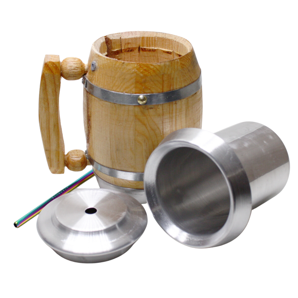 Tarro Cervecero Madera de Pino con Tapa y Popote