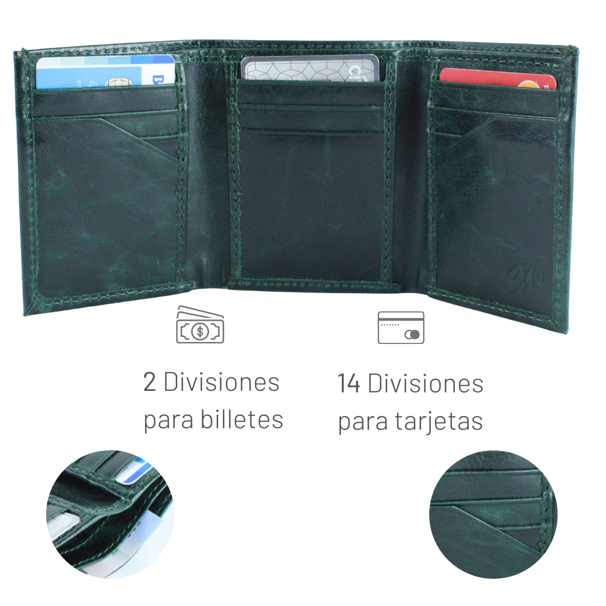Cartera Hombre Piel Genuina Triple Compacta Interiores en Tela