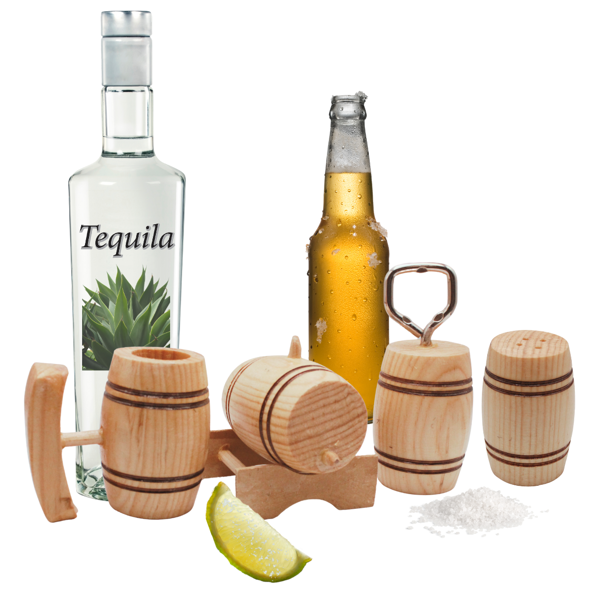 Tequilero Salero Destapador Set Barrilito Madera Artesanal Decorativo