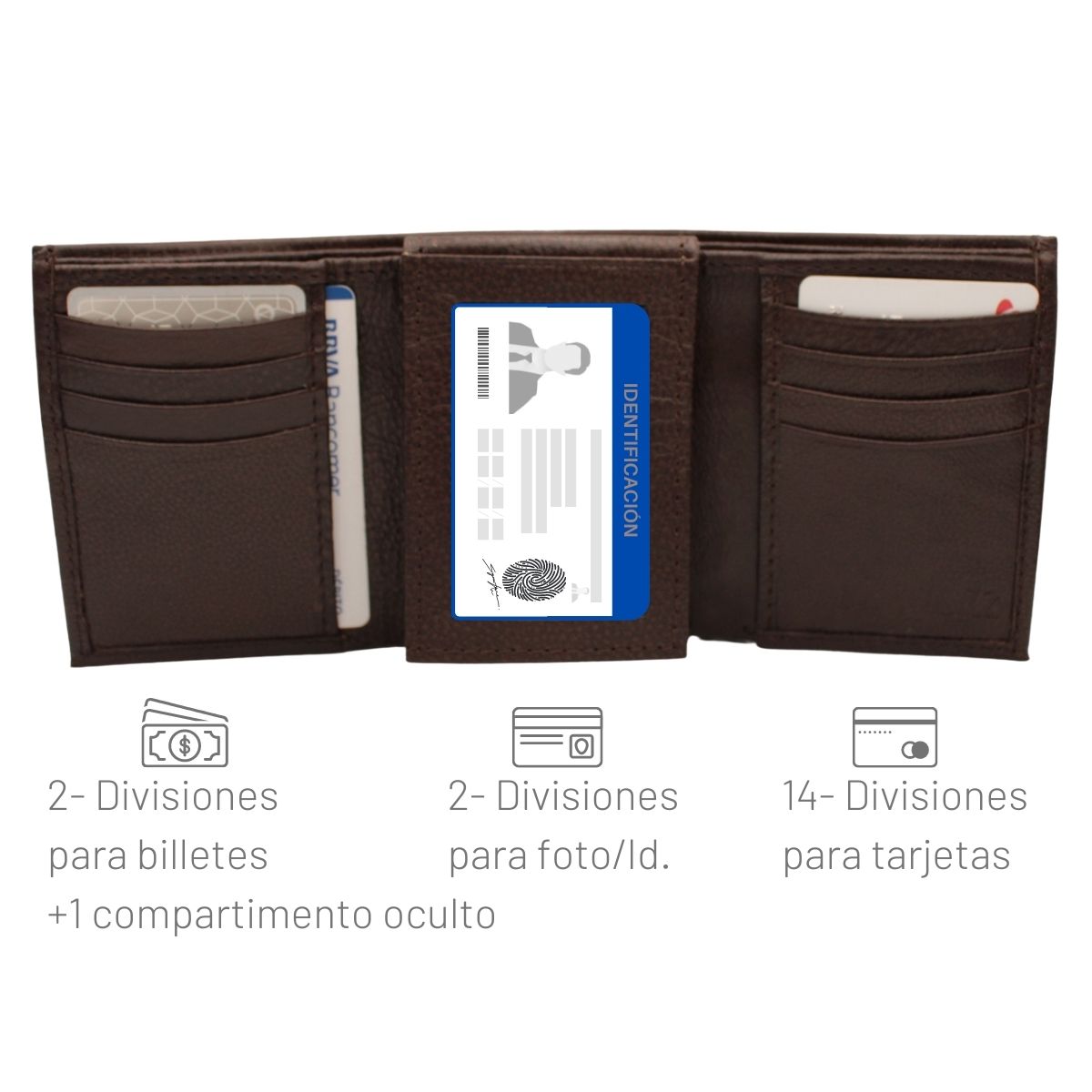 Cartera Hombre Piel Genuina Triple con Identificación Interiores en Piel