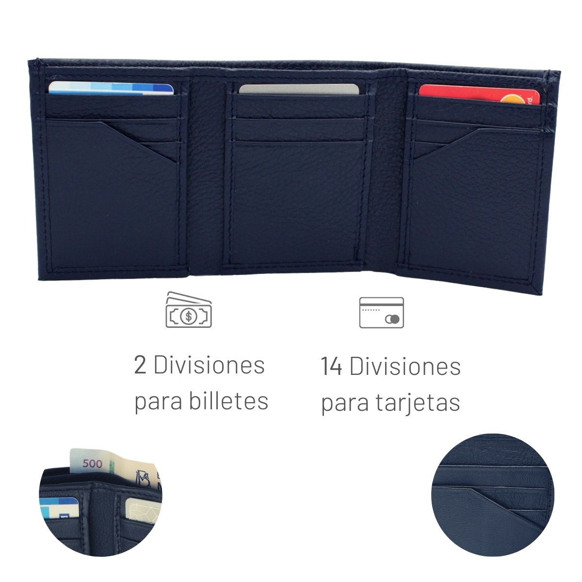 Cartera Hombre Piel Genuina Triple Compacta Interiores en Tela