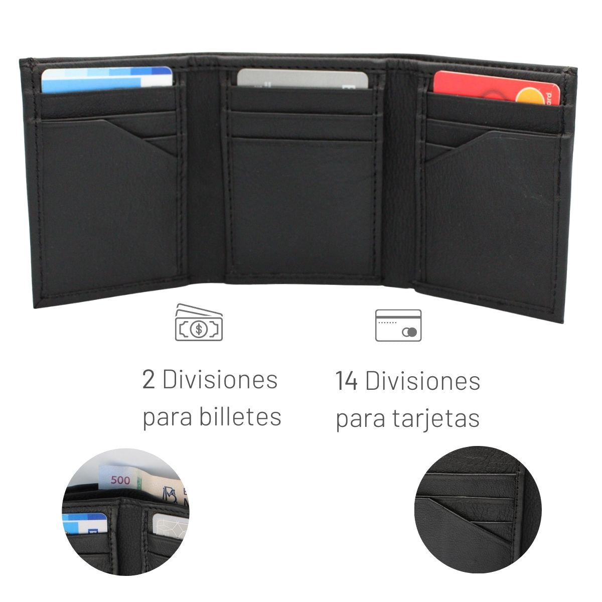 Cartera Hombre Piel Genuina Triple Compacta Interiores en Tela