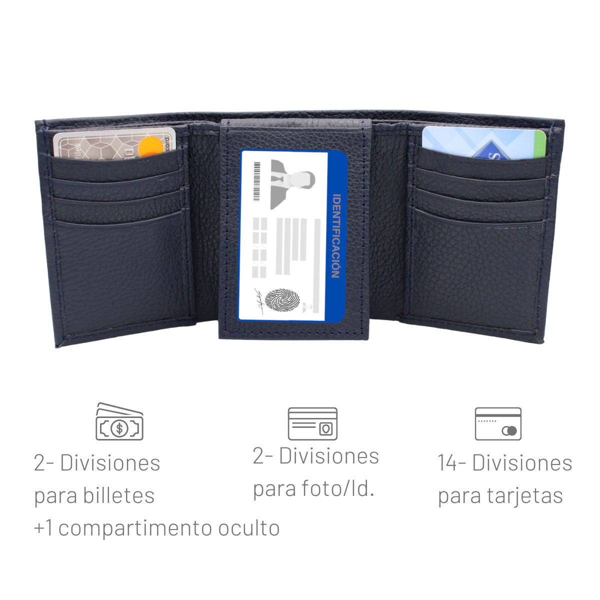 Cartera Hombre Piel Genuina Triple con Identificación Interiores en Piel
