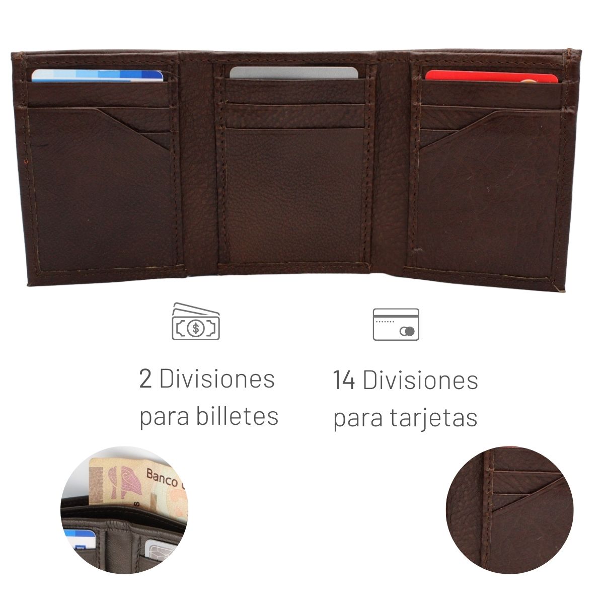 Cartera Hombre Piel Genuina Triple Compacta Interiores en Tela