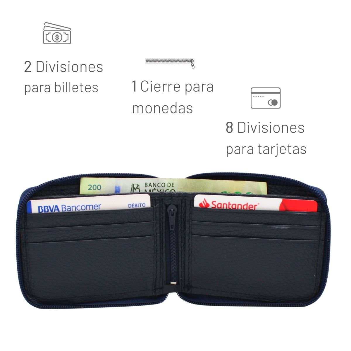 Cartera Hombre Piel Genuina Cierre Seguro Monedas Interiores en Tela