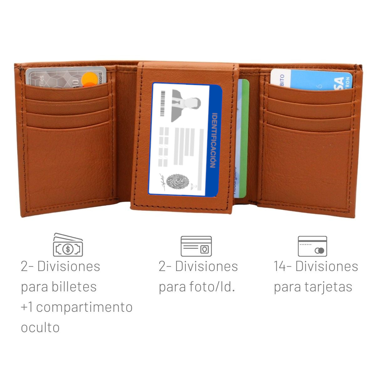 Cartera Hombre Piel Genuina Triple con Identificación Interiores en Piel