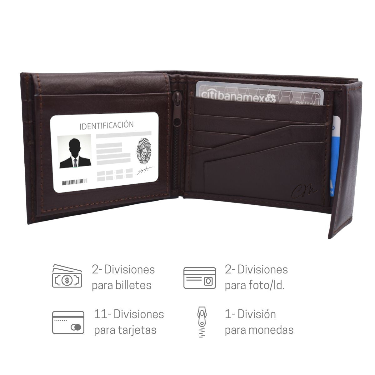 Cartera Hombre Piel Genuina Cierre Velcro Monedero Identificación Interiores en Tela