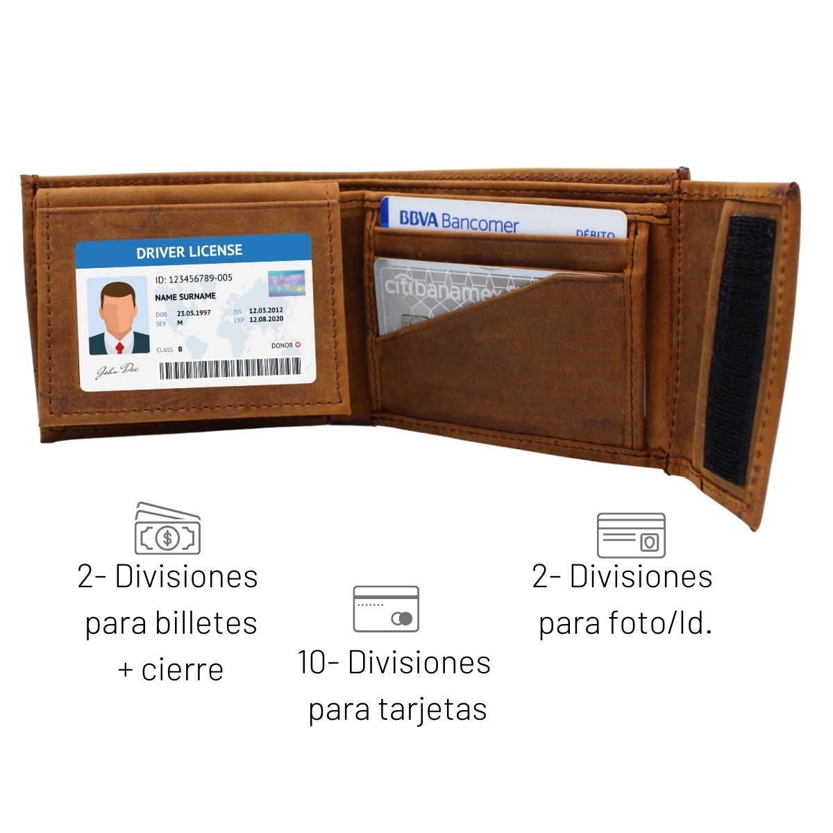 Cartera Hombre Piel Genuina Cierre Velcro Vintage Interiores en Tela