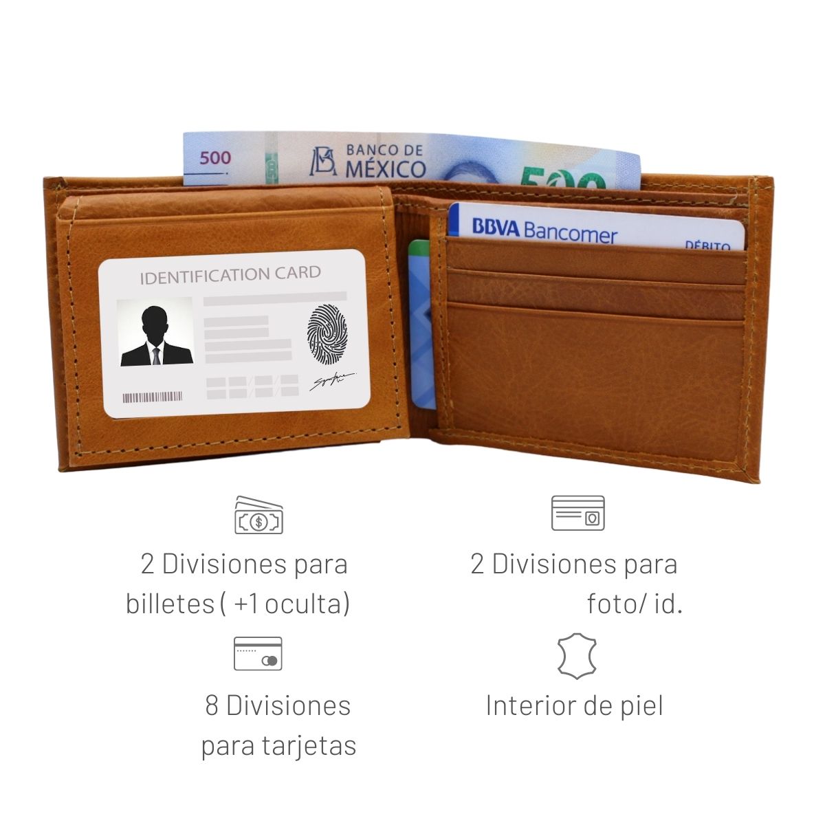 Cartera Hombre Piel Genuina Bifold División Oculta Interiores en Piel