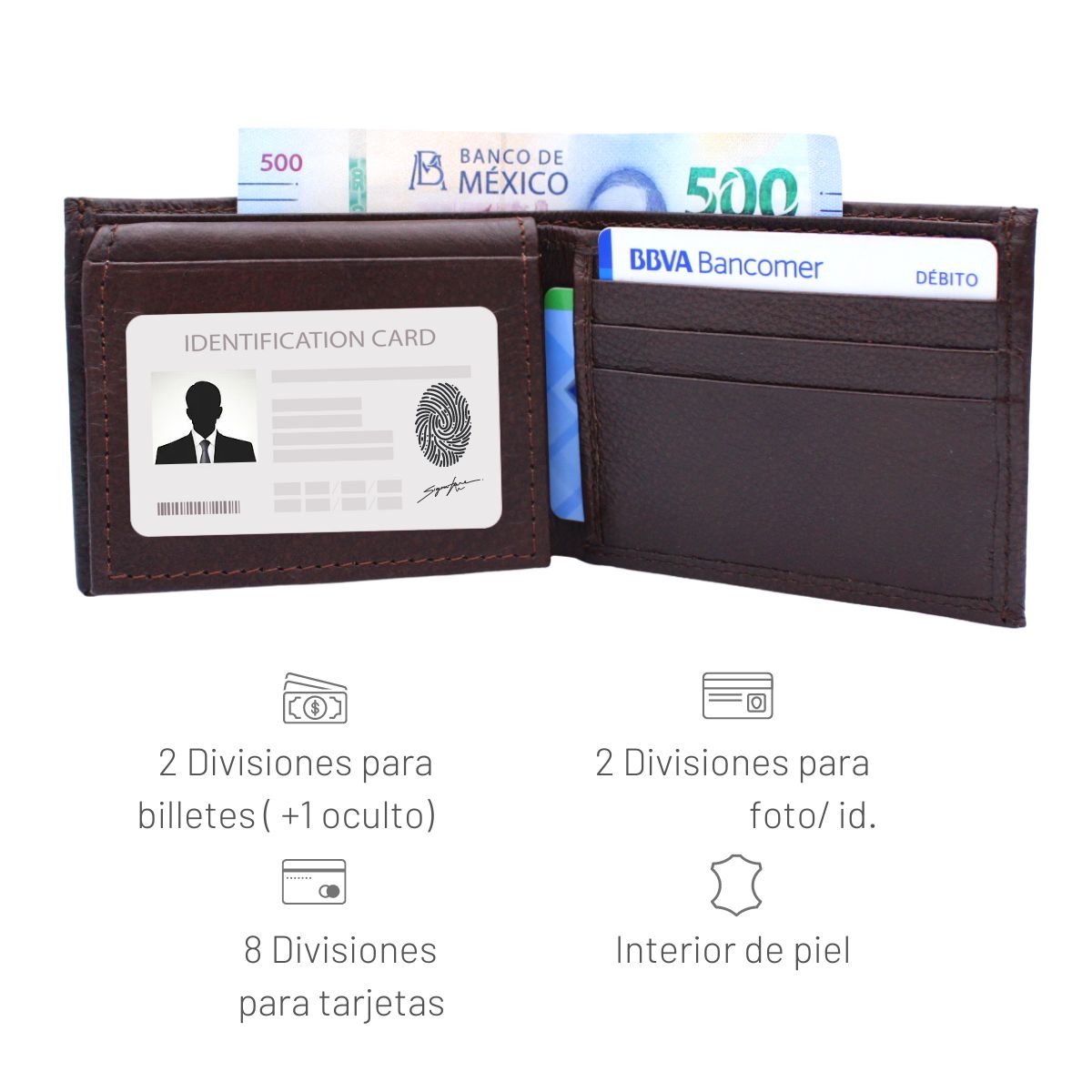 Cartera Hombre Piel Genuina Bifold División Oculta Interiores en Piel