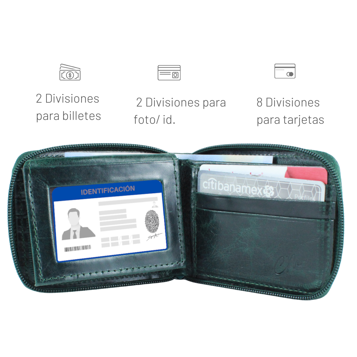 Cartera Hombre Piel Genuina Cierre Seguro Monedas Identificación Interiores en Piel