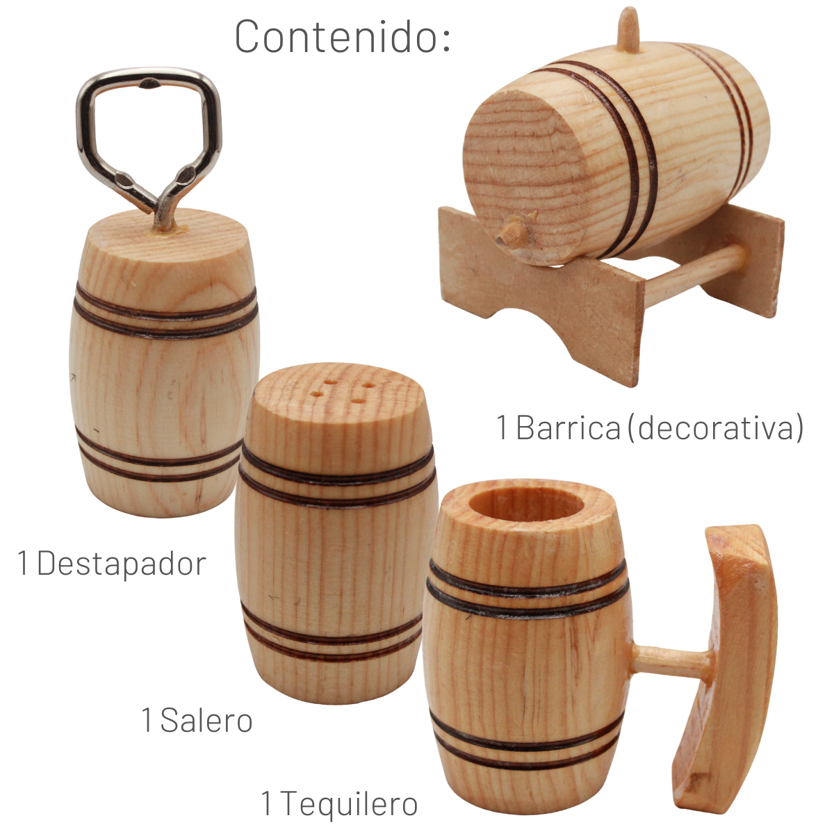 Tequilero Salero Destapador Set Barrilito Madera Artesanal Decorativo