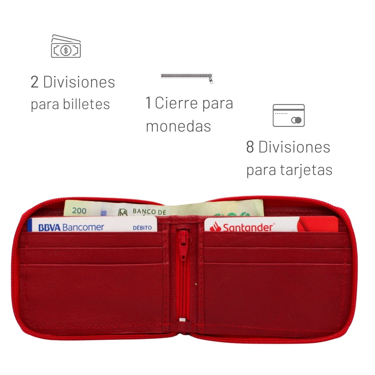 Cartera Hombre Piel Genuina Cierre Seguro Monedas Interiores en Tela