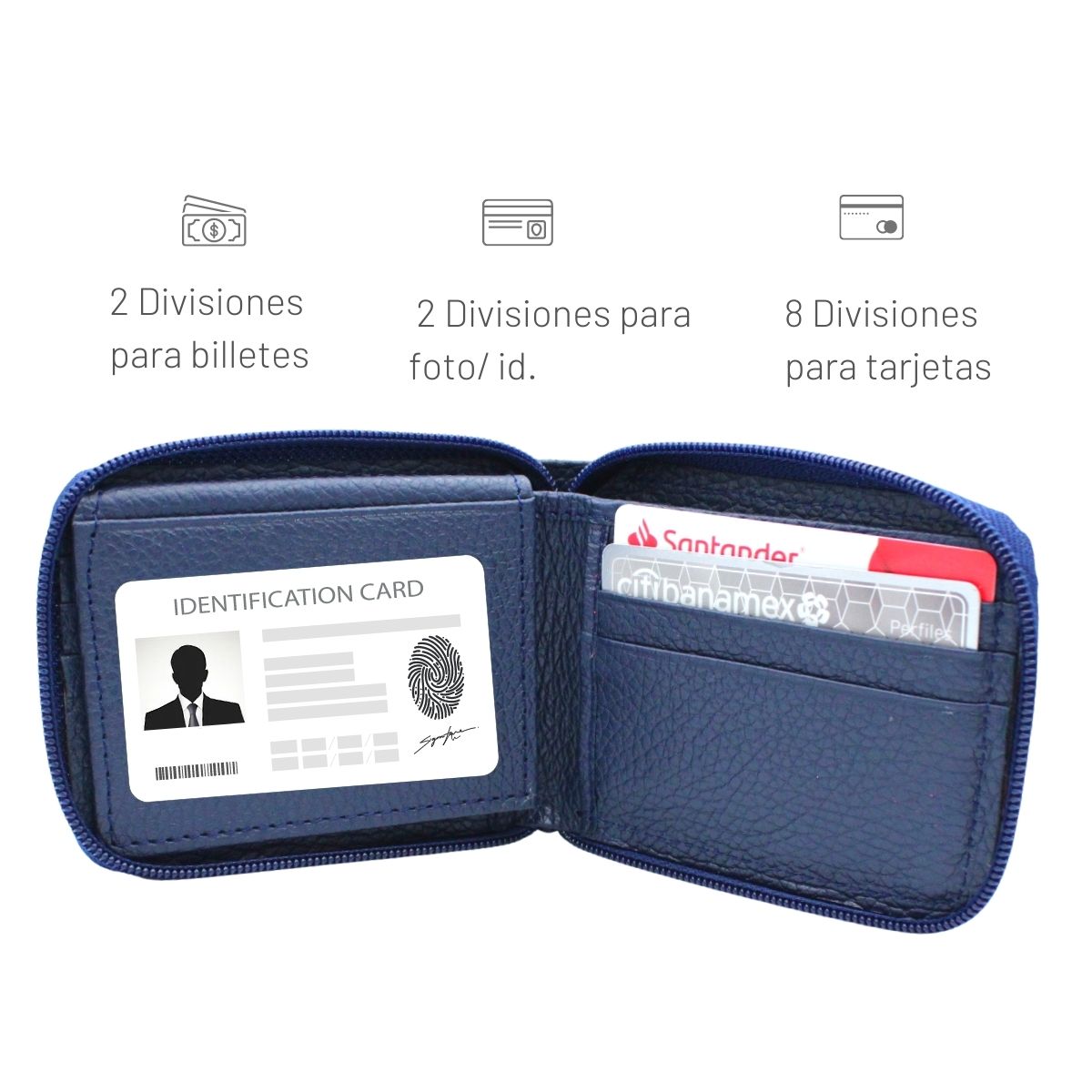 Cartera Hombre Piel Genuina Cierre Seguro Monedas Identificación Interiores en Piel