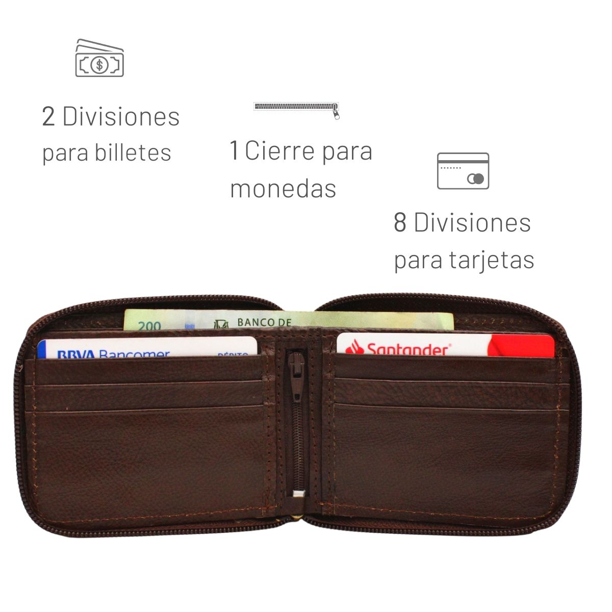 Cartera Hombre Piel Genuina Cierre Seguro Monedas Interiores en Tela