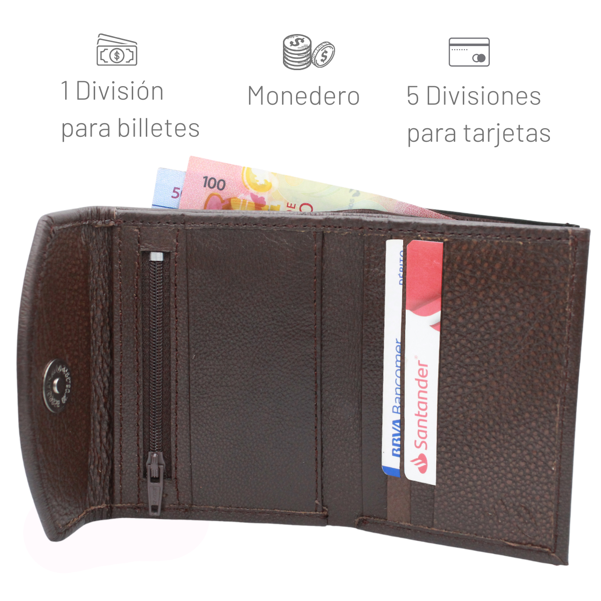 Cartera Tarjetero Piel Genuina Monedero Broche Imán Interiores en Tela