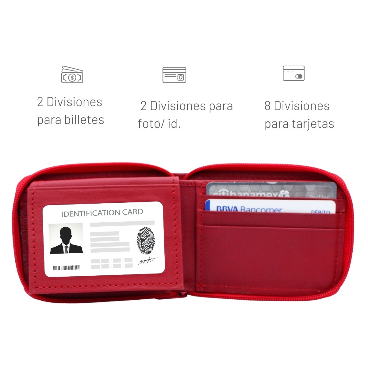Cartera Hombre Piel Genuina Cierre Seguro Monedas Identificación Interiores en Piel