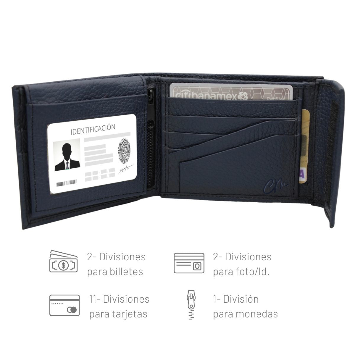 Cartera Hombre Piel Genuina Cierre Velcro Monedero Identificación Interiores en Tela