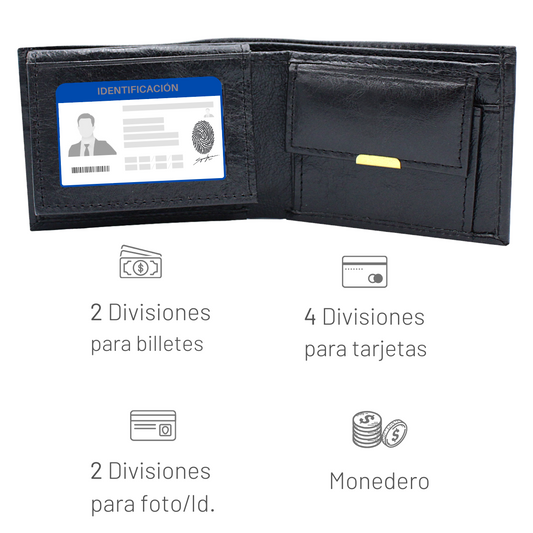 Cartera Hombre Piel Genuina Monedero Interiores en Tela