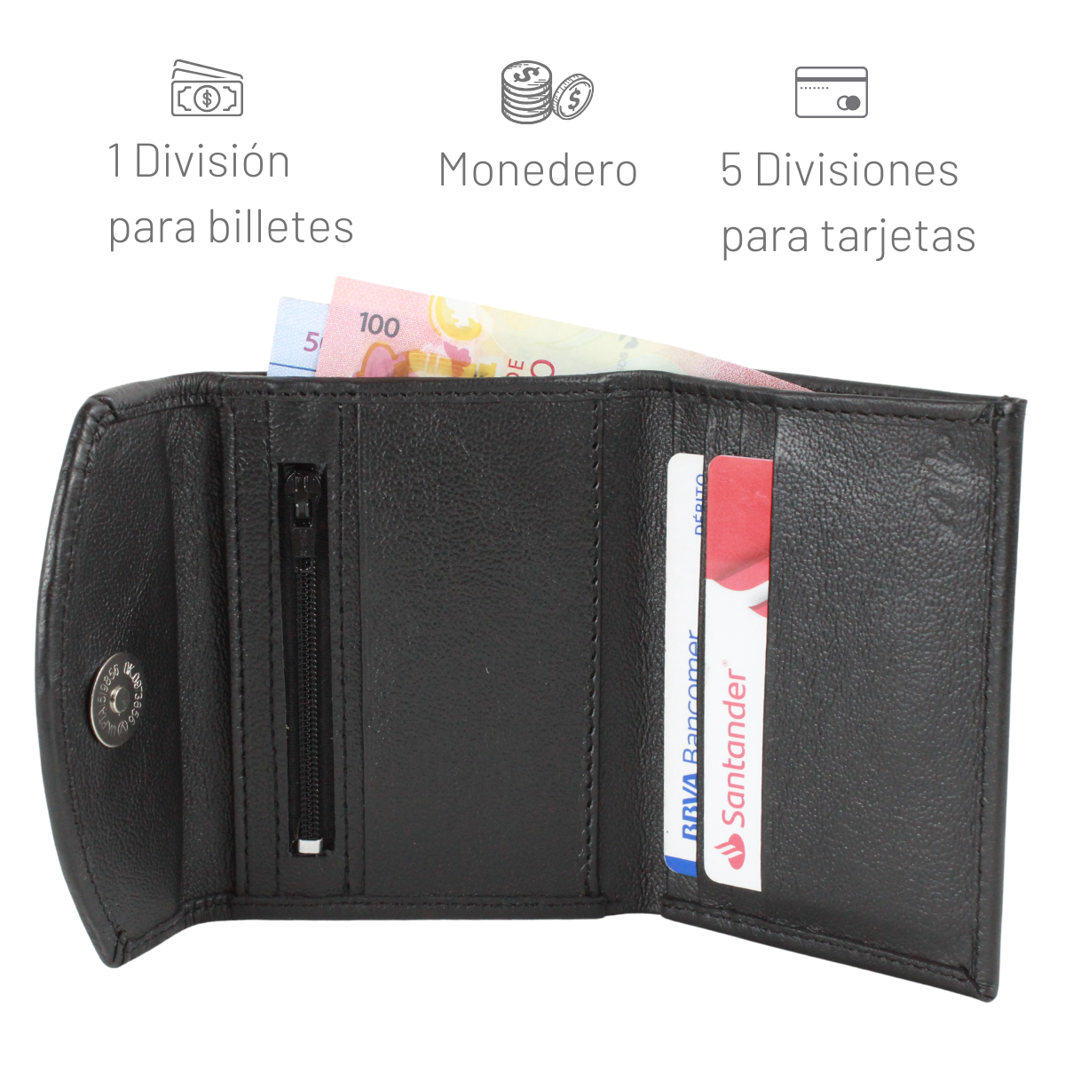 Cartera Tarjetero Piel Genuina Monedero Broche Imán Interiores en Tela