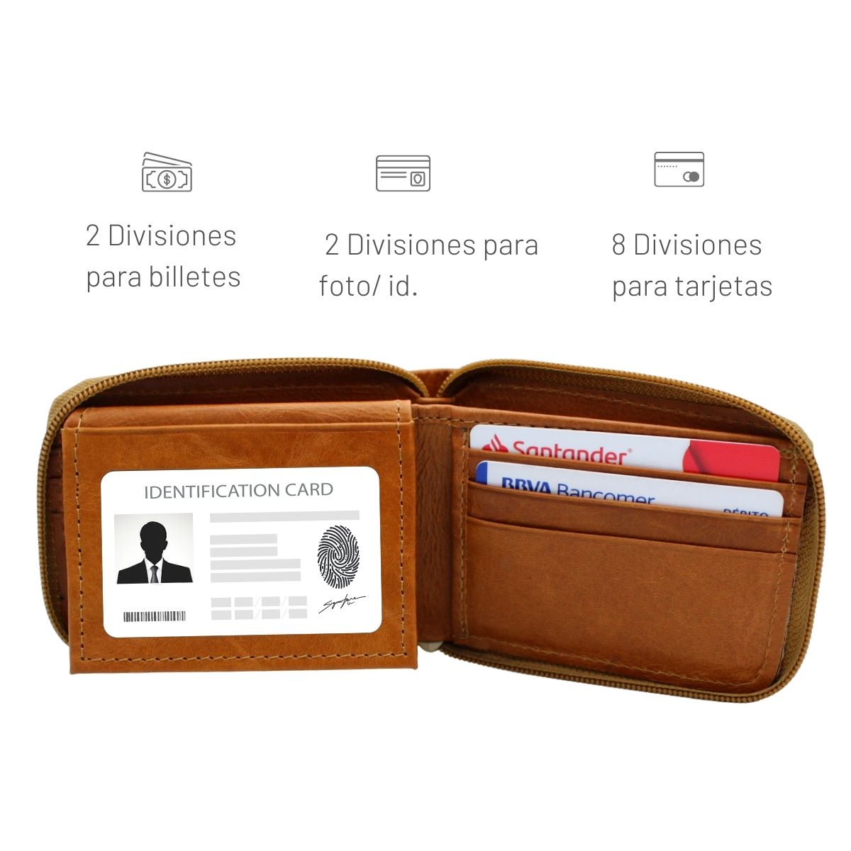 Cartera Hombre Piel Genuina Cierre Seguro Monedas Identificación Interiores en Piel