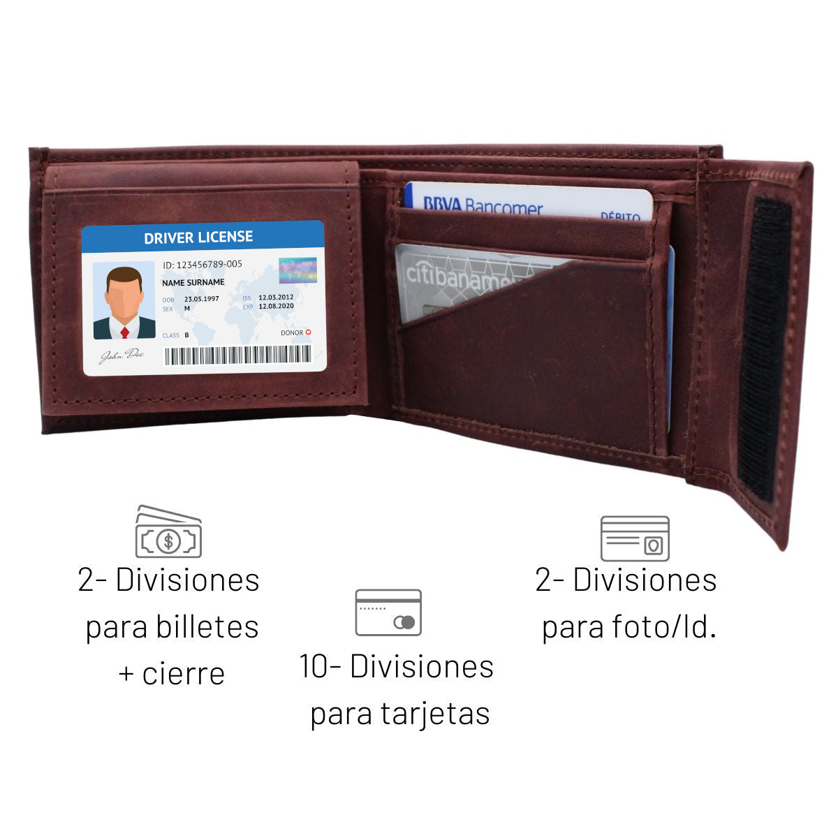 Cartera Hombre Piel Genuina Cierre Velcro Vintage Interiores en Tela