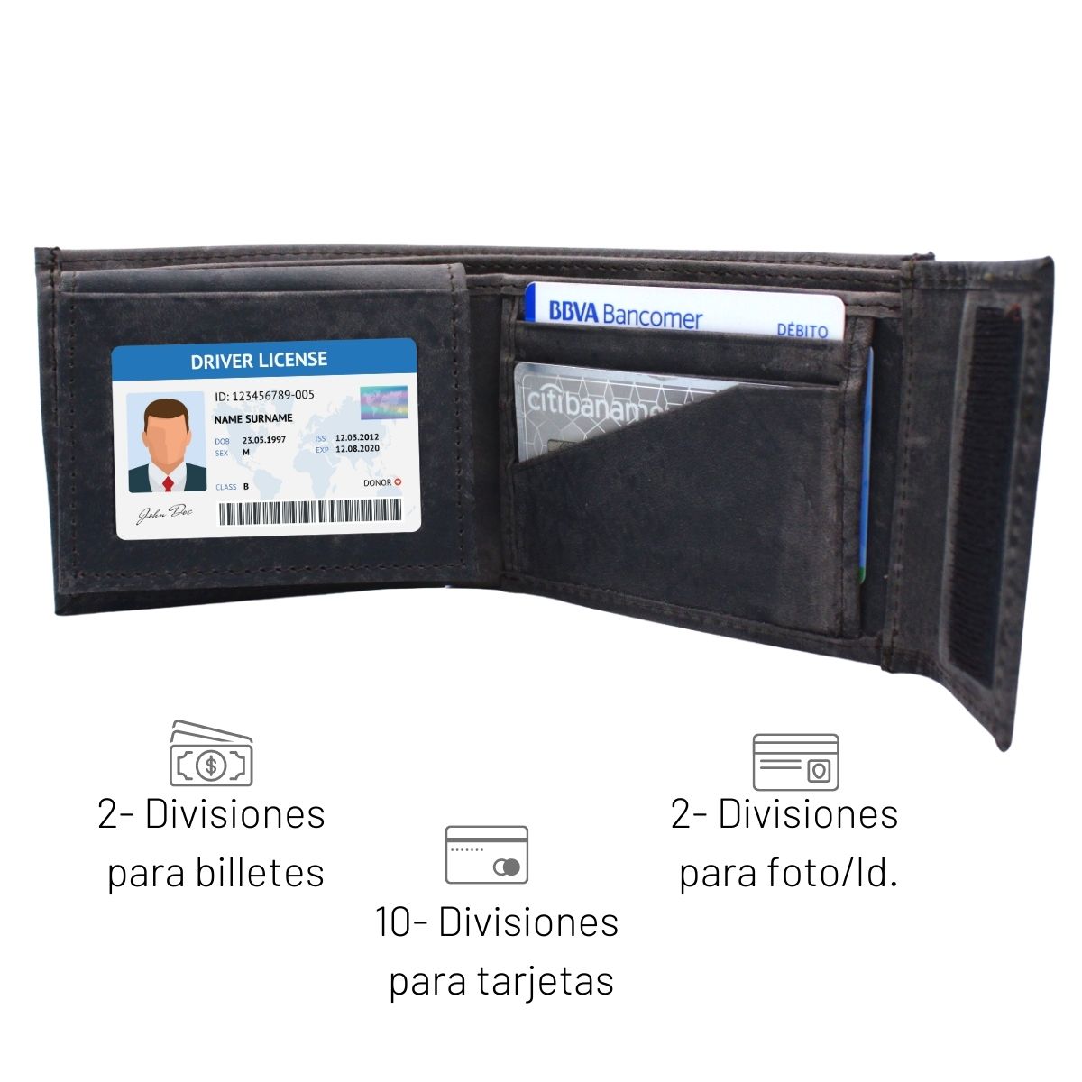 Cartera Hombre Piel Genuina Cierre Velcro Vintage Interiores en Tela