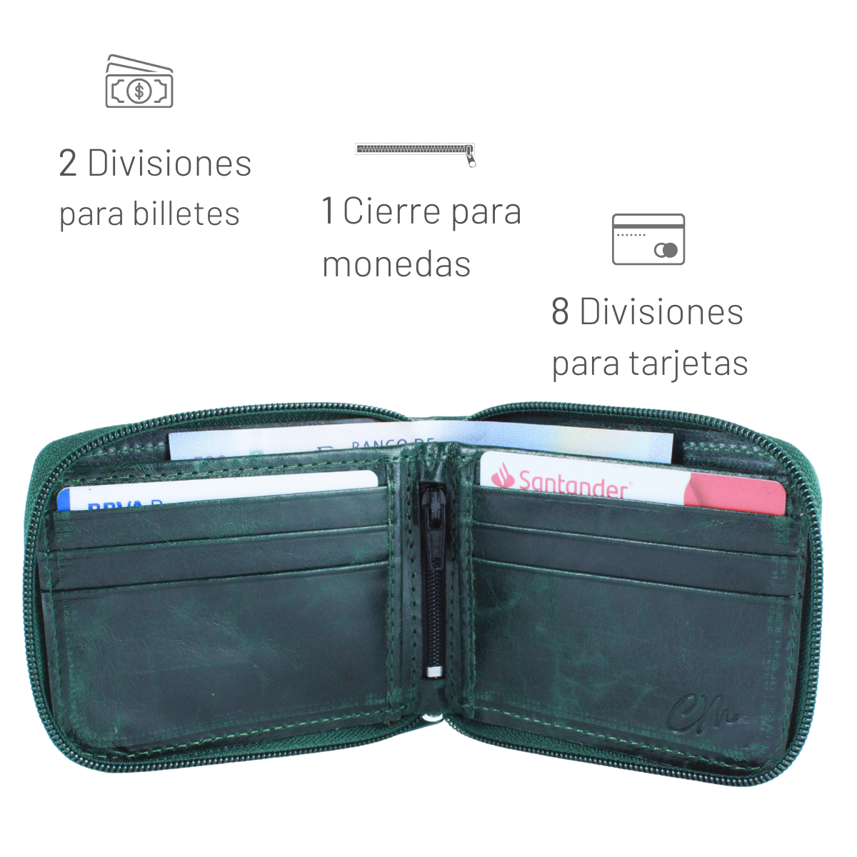 Cartera Hombre Piel Genuina Cierre Seguro Monedas Interiores en Tela