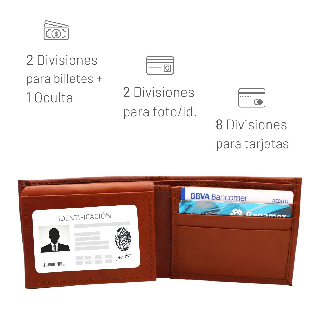 Cartera Hombre Piel Genuina Bifold Compartimento Secreto Interiores en Tela