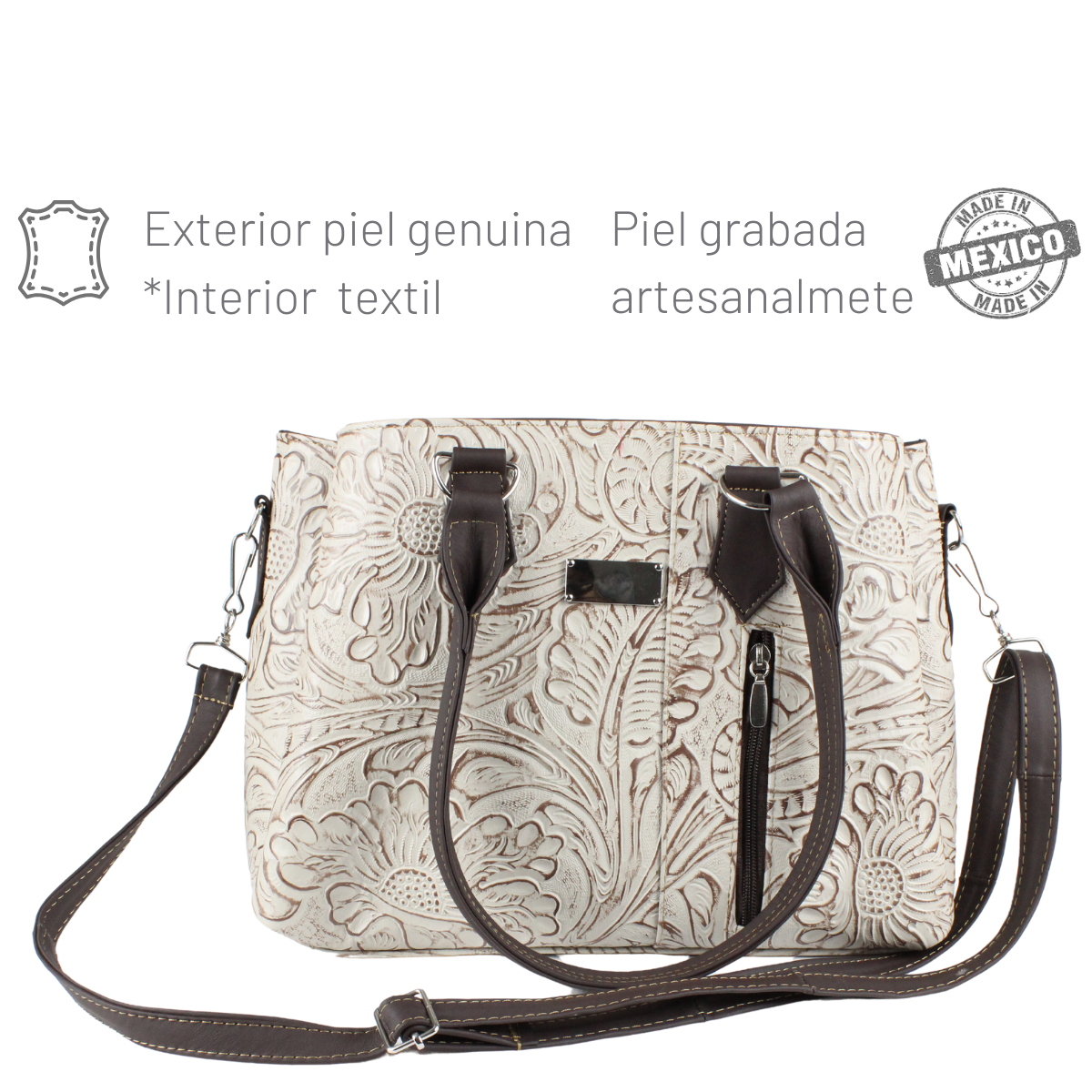 Bolsa Mujer Piel Genuina Artesanal Grande Interiores en Tela