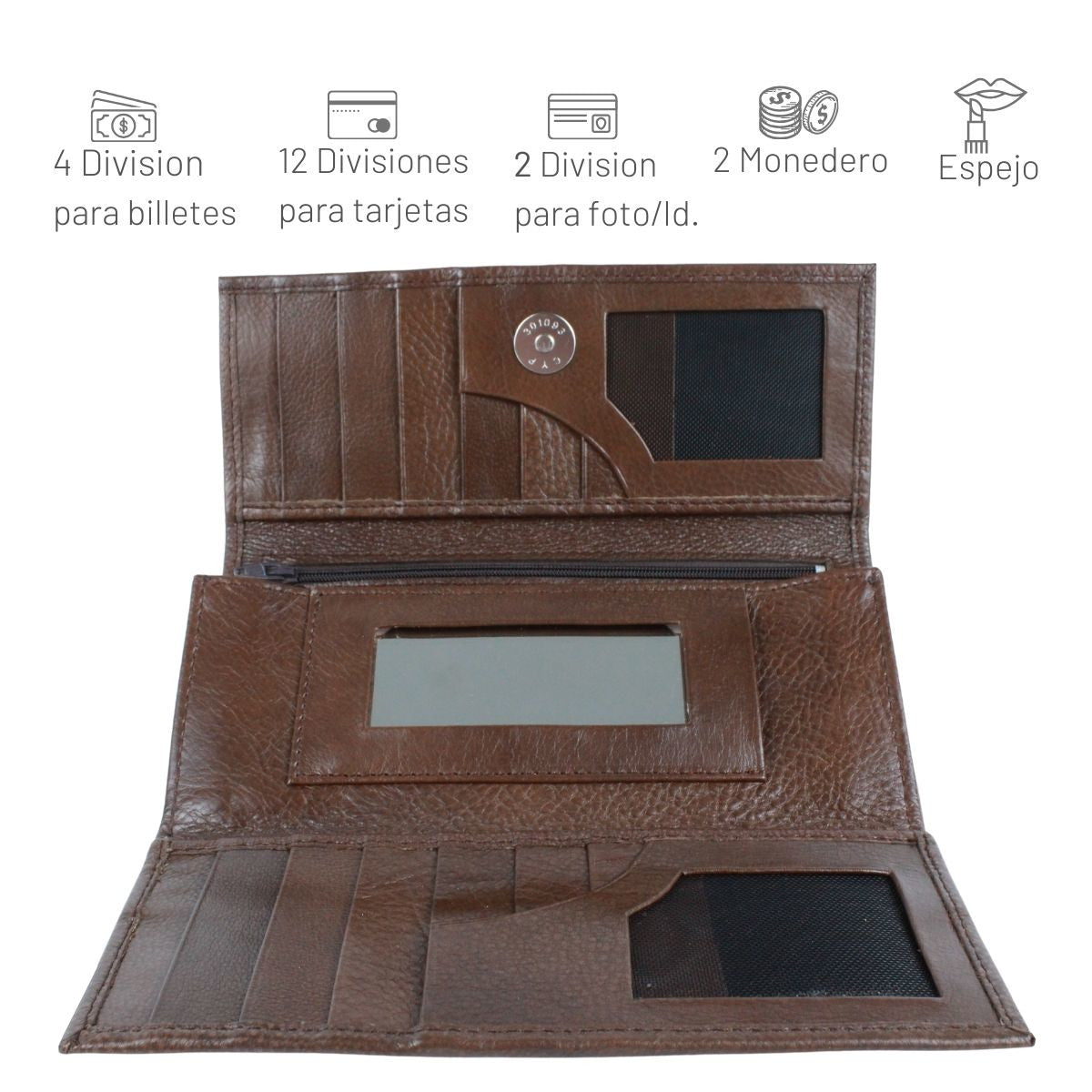 Cartera Mujer Piel Genuina Gran Capacidad Cierre Espejo Interiores en Piel