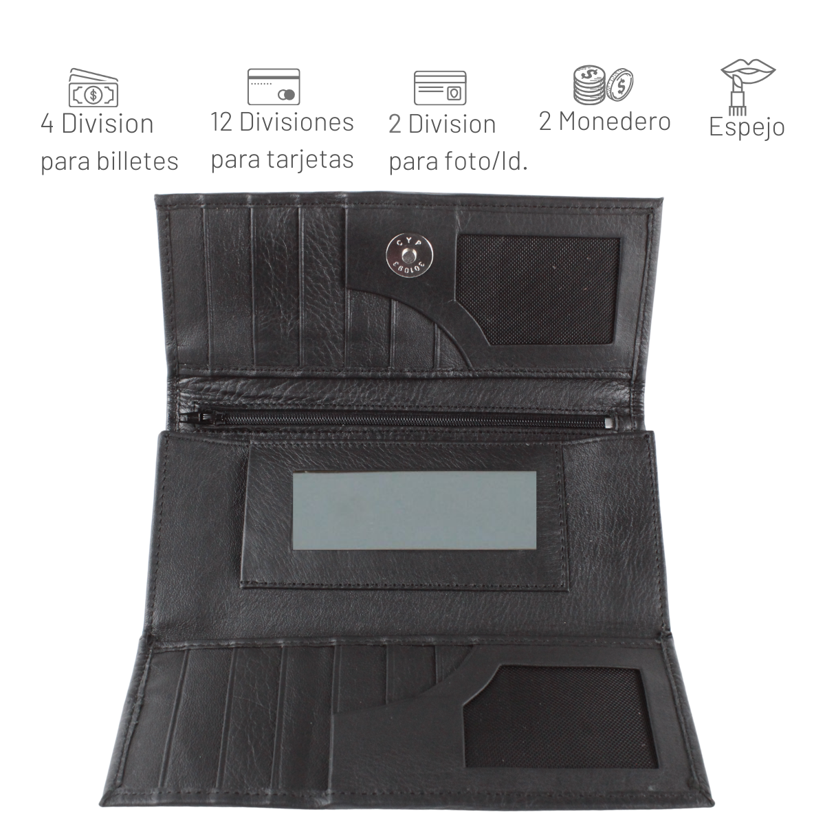 Cartera Mujer Piel Genuina Gran Capacidad Cierre Espejo Interiores en Piel