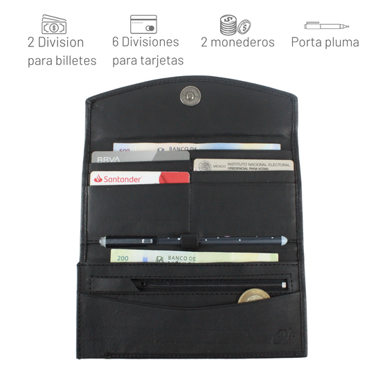 Cartera Tarjetero Piel Genuina Largo Porta Pluma Interiores en Tela