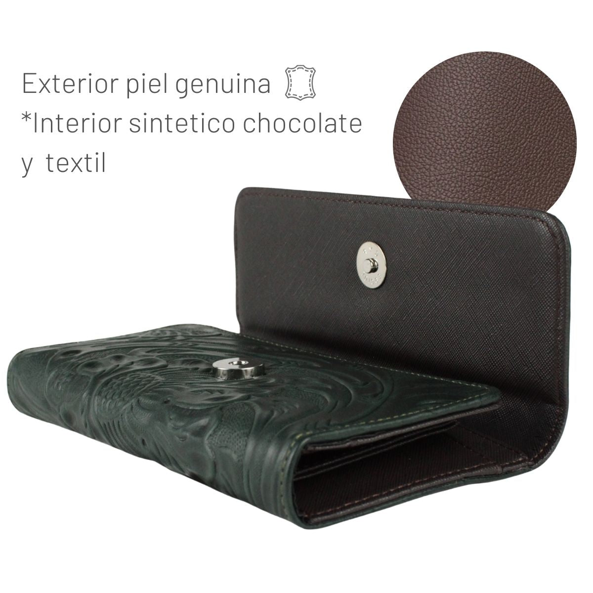 Cartera Mujer Piel Genuina Larga Tarjetero Removible Interiores en Sintético