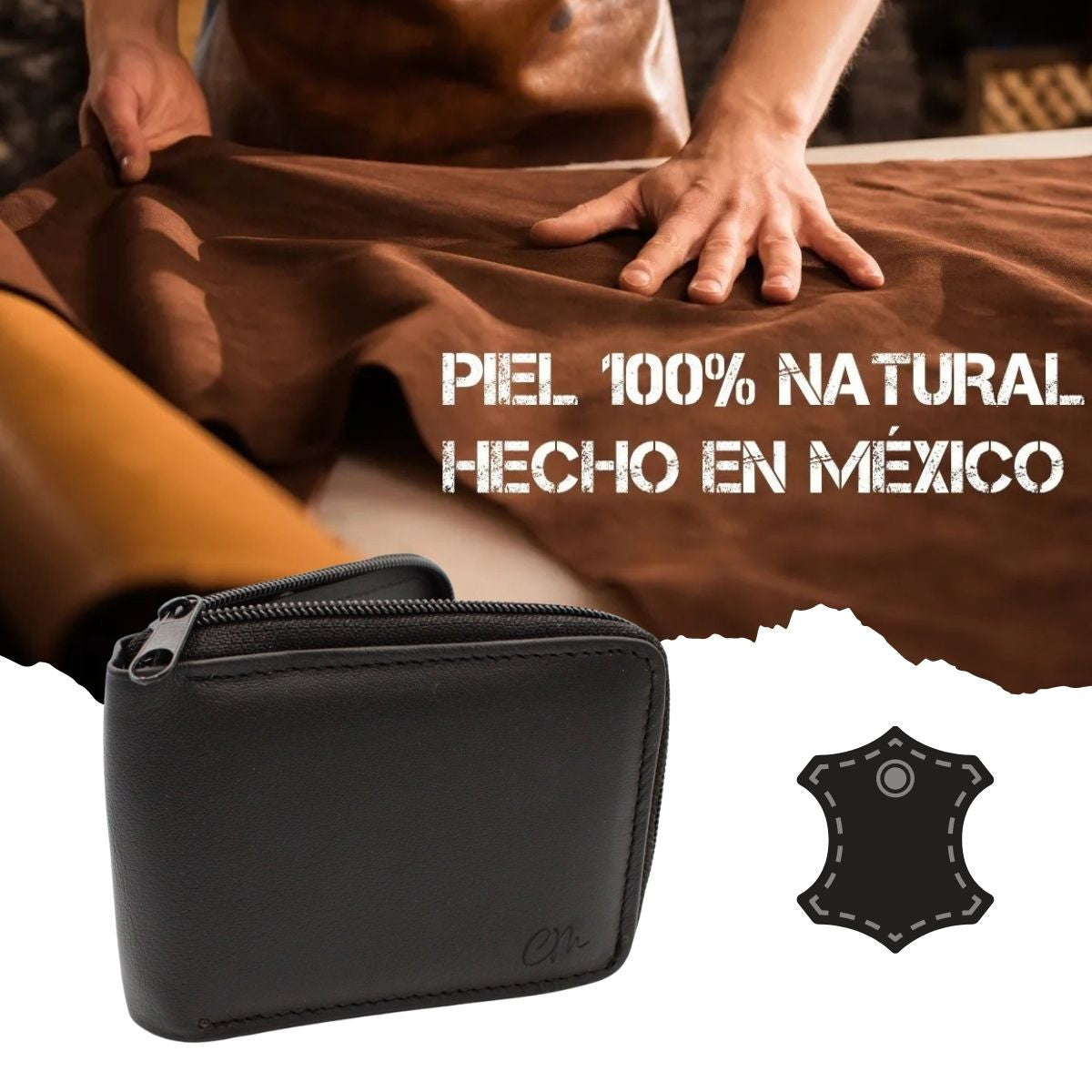 Cartera Hombre Piel Genuina Cierre Seguro Monedas Interiores en Tela