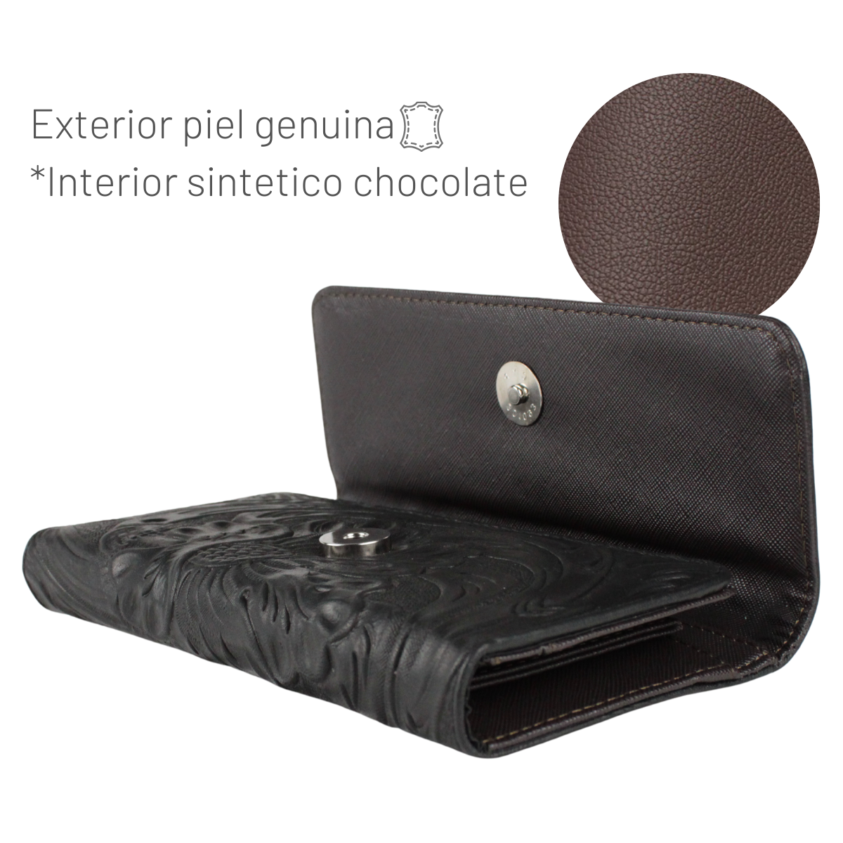 Cartera Mujer Piel Genuina Larga Tarjetero Removible Interiores en Sintético
