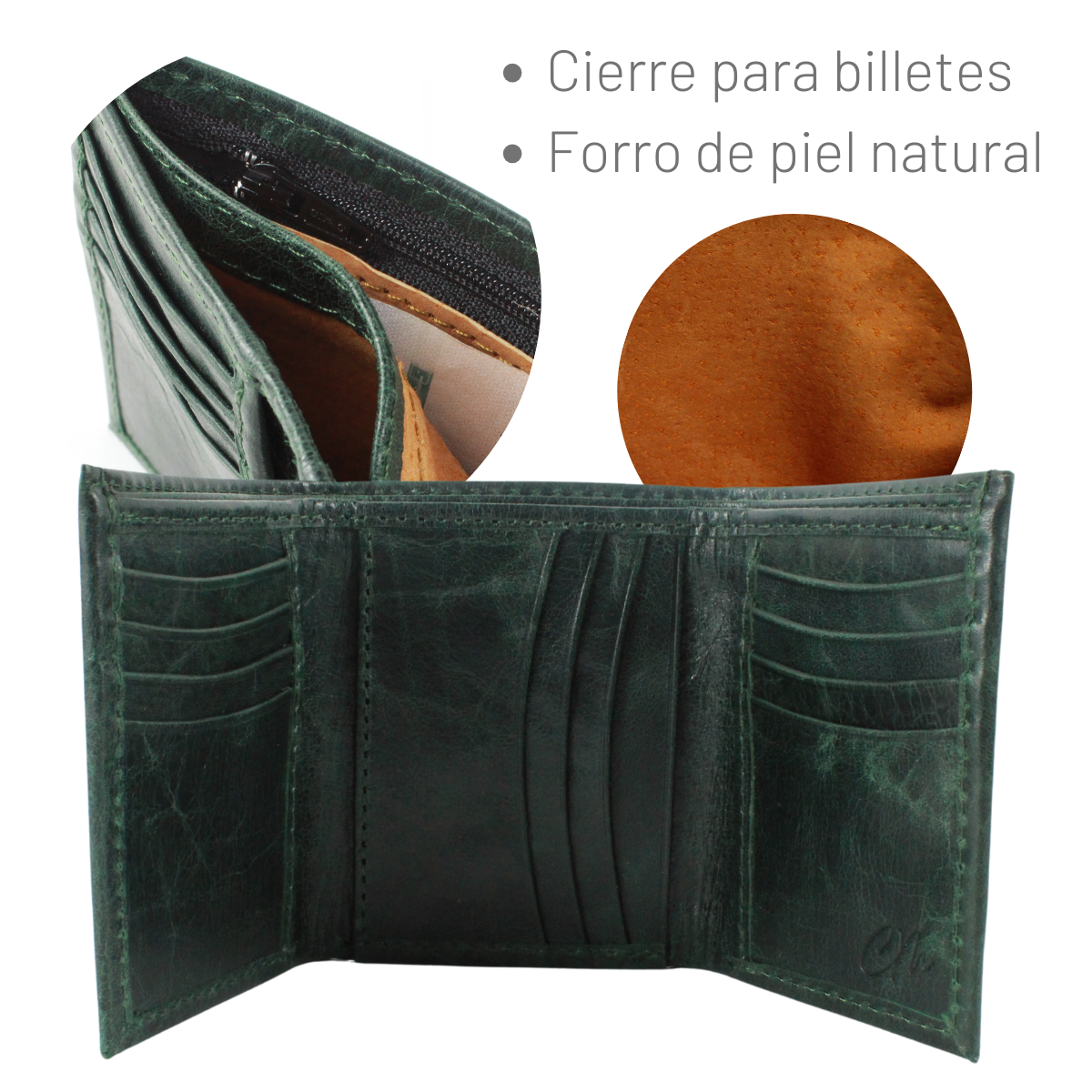 Cartera Hombre Piel Genuina Triple Cierre Interno Interiores en Piel