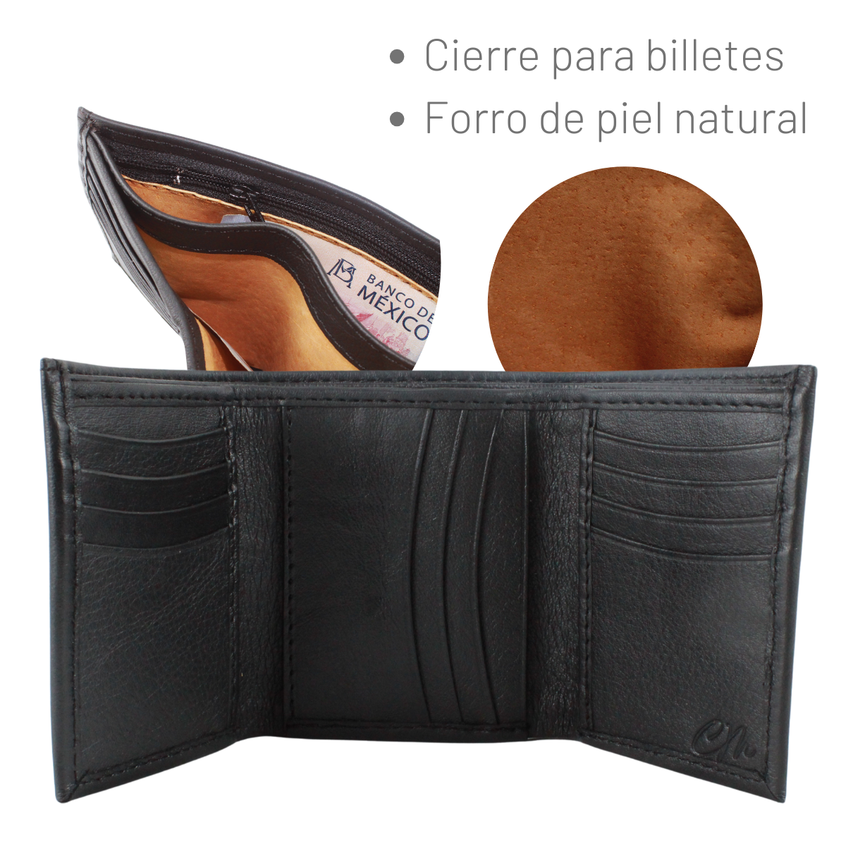 Cartera Hombre Piel Genuina Triple Cierre Interno Interiores en Piel