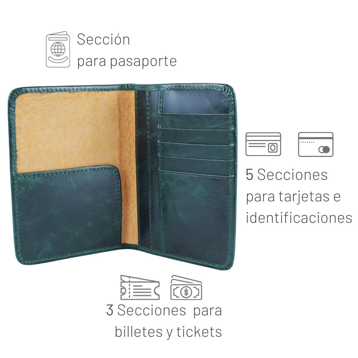 Cartera Tarjetero Porta Pasaporte Piel Genuina Interiores en Piel