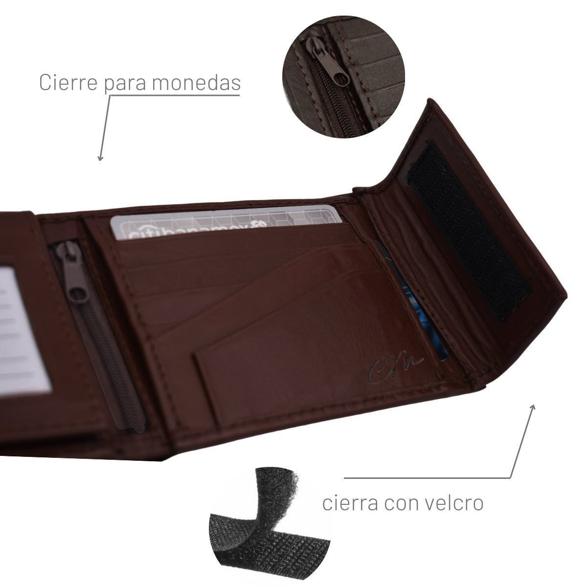 Cartera Hombre Piel Genuina Cierre Velcro Monedero Identificación Interiores en Tela