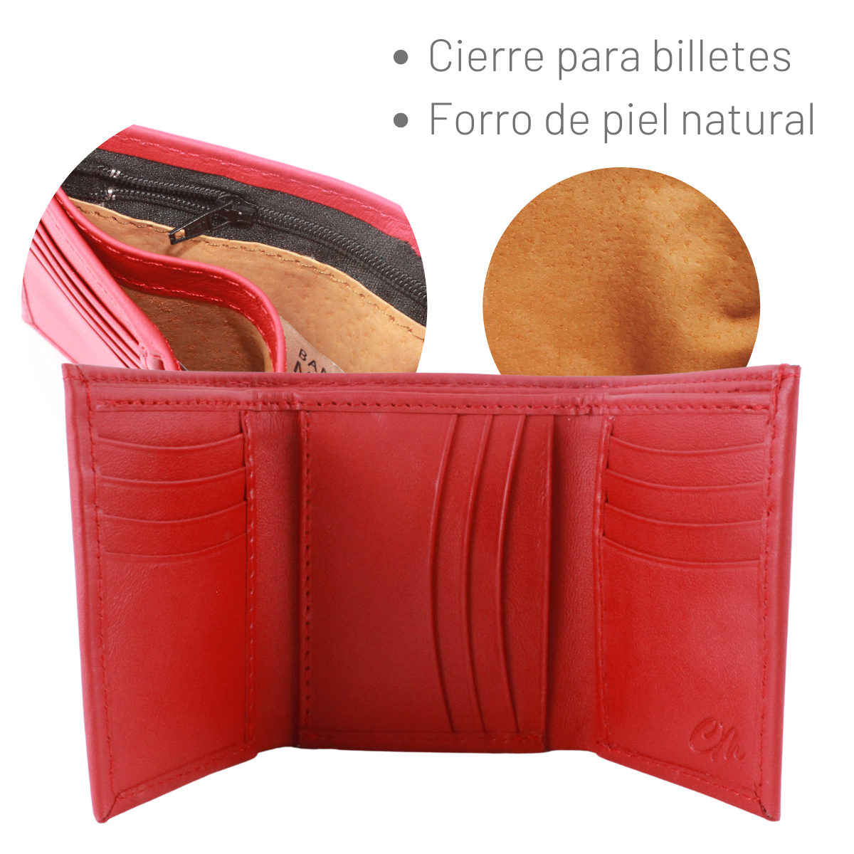 Cartera Hombre Piel Genuina Triple Cierre Interno Interiores en Piel