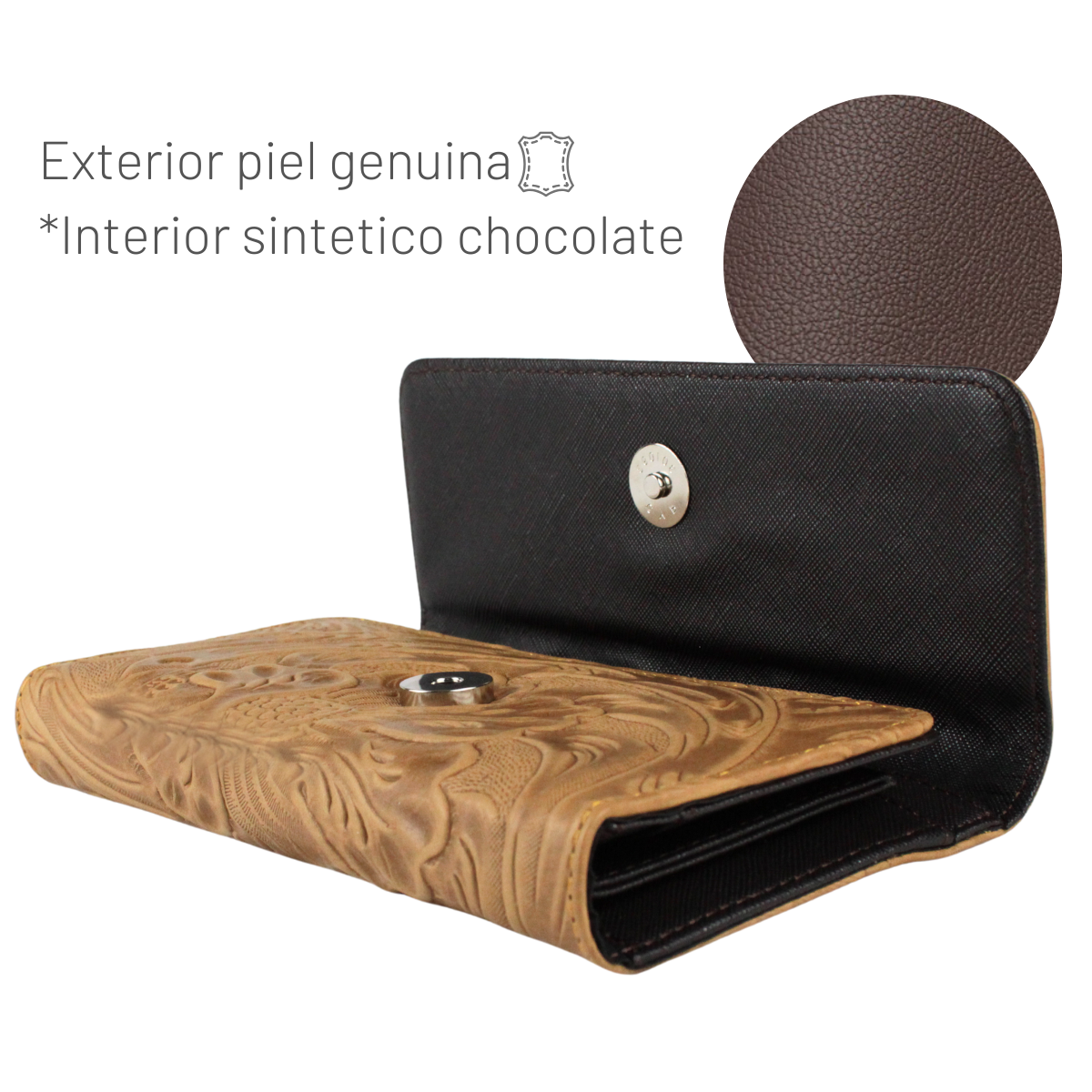 Cartera Mujer Piel Genuina Larga Tarjetero Removible Interiores en Sintético