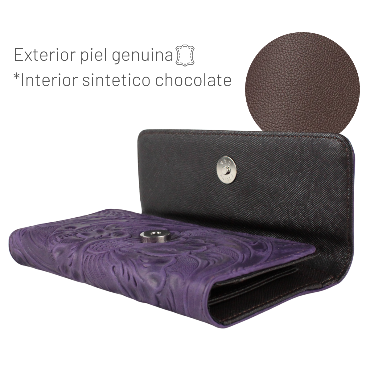 Cartera Mujer Piel Genuina Larga Tarjetero Removible Interiores en Sintético