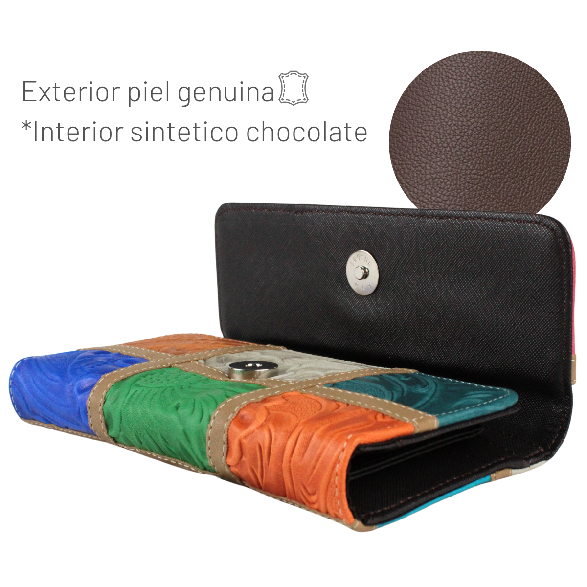 Cartera Mujer Piel Genuina Larga Tarjetero Removible Interiores en Sintético