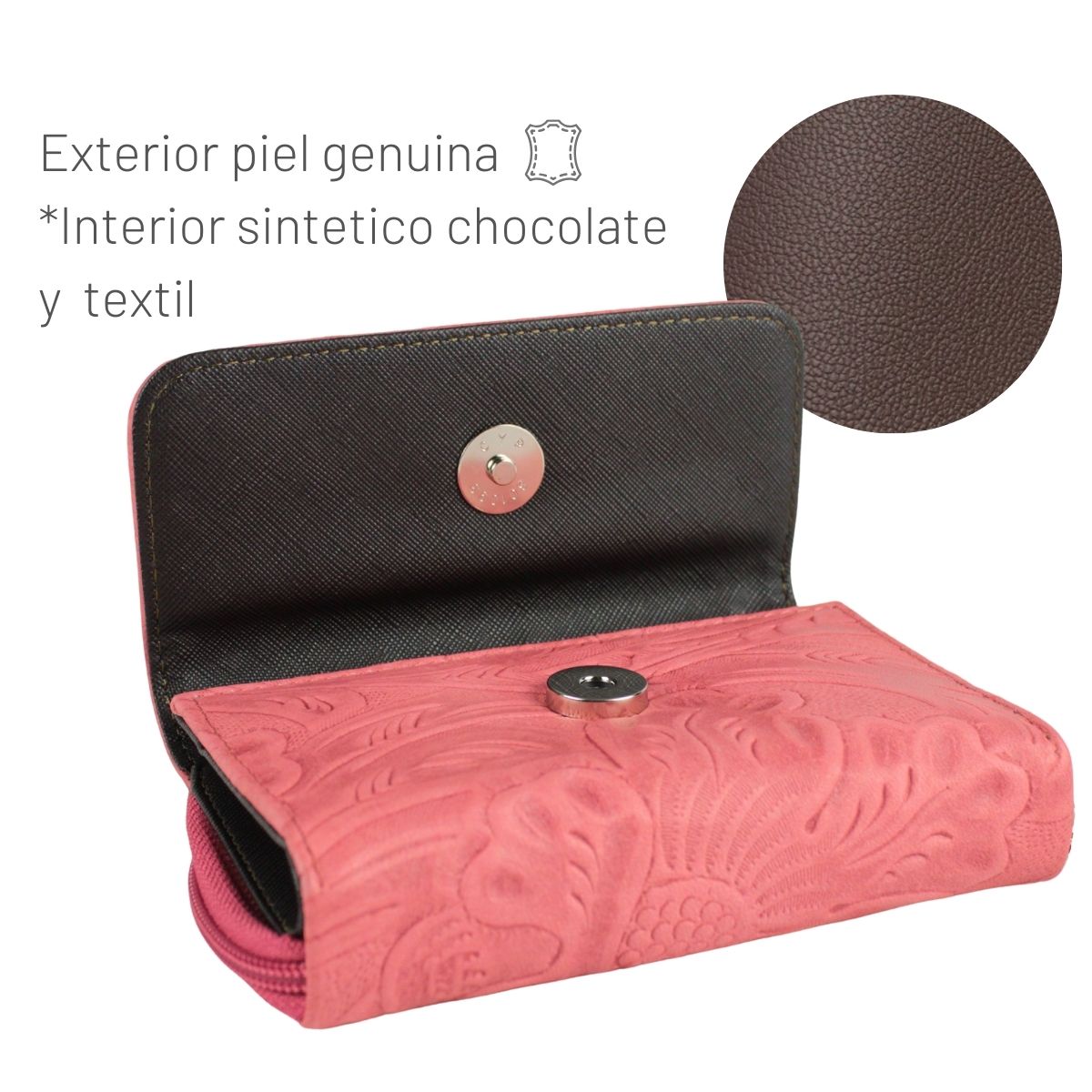 Cartera Mujer Piel Genuina Mediana Monedero Interiores en Sintético