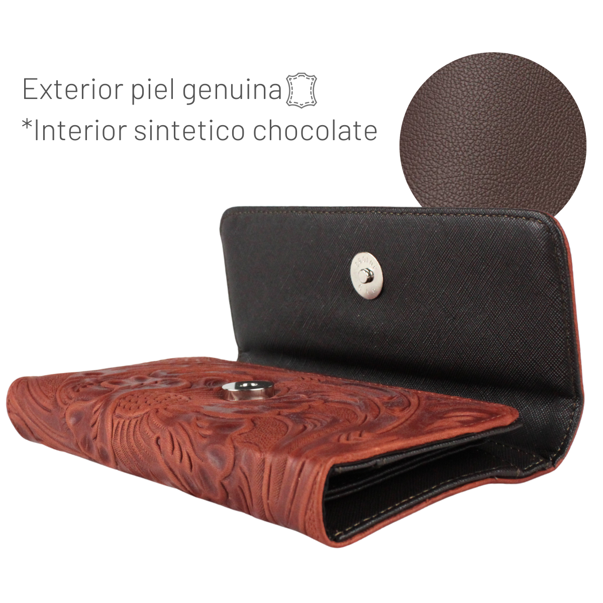 Cartera Mujer Piel Genuina Larga Tarjetero Removible Interiores en Sintético
