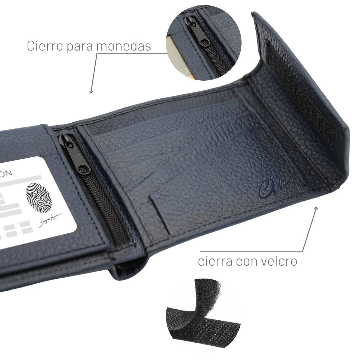 Cartera Hombre Piel Genuina Cierre Velcro Monedero Identificación Interiores en Tela