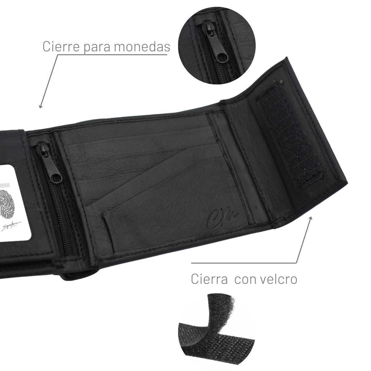 Cartera Hombre Piel Genuina Cierre Velcro Monedero Identificación Interiores en Tela