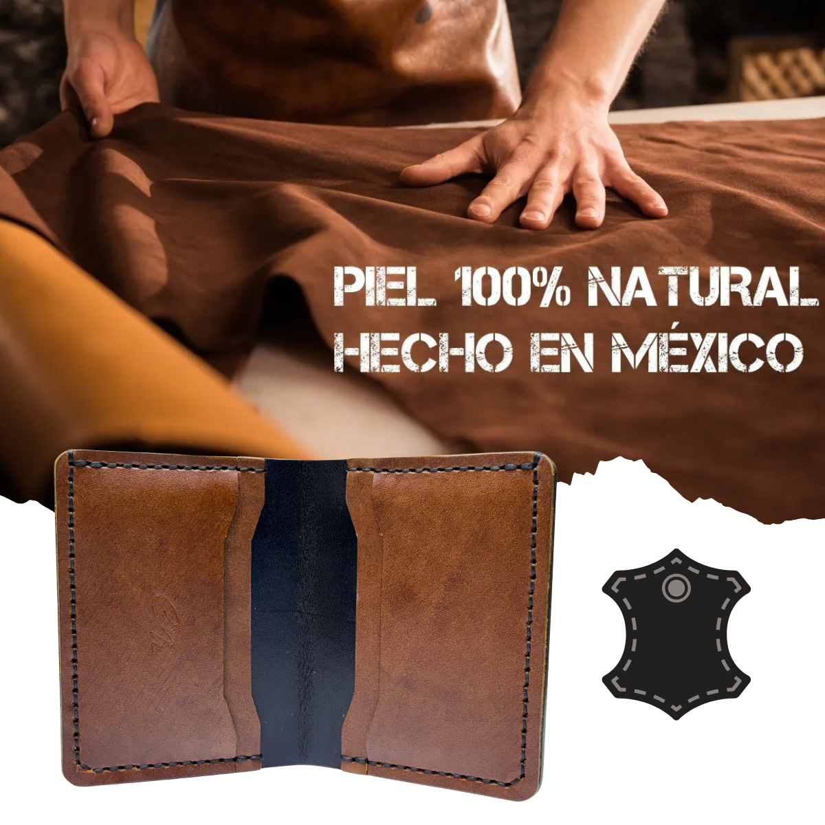 Tarjetero Plegable Hecho a Mano Piel Genuina Res